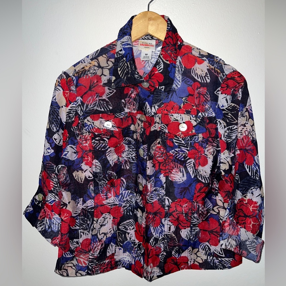 RUBY RD FAVORITES Vibrant Red White Blue Semi Sheer Flower Print Jacket 10P